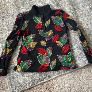 Vibrant Red and Green Fitted Blouse with Polo Collar